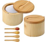 ZMDMAH 2 Salero para Cocina Bambú, Wood Salt Cellar Bowl Box, Recipiente para Sal de Cocina, Wooden Salt Box, con Tapa Giratoria & Cuchara, para Sal, Especias (9 x 9 x 7 cm)
