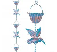 ZMdooreasy Cadena de lluvia de colibrí de 13.1 pies: decoración de jardín al aire libre de metal con 7 tazas, acabado azul antiguo para drenaje de agua de lluvia, elegante arte de patio para porche y