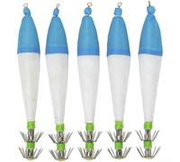 ZMdooreasy Juego de 5 señuelos de calamar que brillan en la oscuridad, cebos de pesca azules y blancos de 11 cm con ganchos de acero al carbono para pesca en aguas profundas, construcción de ABS y