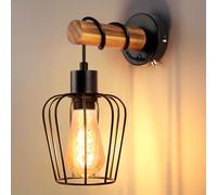 ZMH Aplique de pared de madera con interruptor: aplique vintage negro E27 de estilo industrial, de metal, lámpara retro para el salón, el dormitorio, el pasillo o el restaurante - Sin bombilla