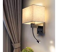 ZMH Aplique LED Aplique textil 2 llamas tela blanca E27 (NO incluida) con interruptor y 2 en 1 con luz de lectura flexible lámpara de lectura para habitaciones de hotel