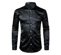 ZMIN Camisa de vestir de seda ajustada negra para hombre, camisa de esmoquin suave de satén para hombre, camisa de negocios para boda, graduación, camisa casual masculina, Negro, XS