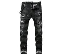 ZMIN Jeans ajustados para hombre con agujeros rotos y pintura elástica, panel negro, pantalones mendigos, Negro, 42