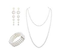 Zmupl Juego de 3 joyas de perlas para mujer, pulsera de perlas largas y pendientes de perlas, pulsera elástica de 3 filas, elegante juego de joyas de perlas de los años 20, fiesta, graduación, boda