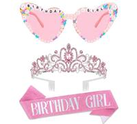 zmzdp 1 paquete de banda de cumpleaños para niñas, tiara de corona de cumpleaños, gafas de sol de cumpleaños de corazón rosa para mujeres, elegantes coronas de princesa, accesorios de feliz cumpleaños