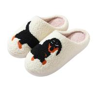 ZNEL Mujeres Hombres Pantuflas Peludas Patrón De Perro Salchicha Negro Animal De Dibujos Animados Zapatos De Casa Espuma De La Memoria Acogedoras Zapatillas De Felpa(44-45, White)