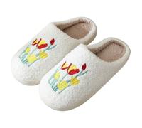 ZNEL Pantuflas con Estampado De Tulipanes para Mujer Y Hombre Zapatillas Cálidas De Felpa para Interior Y Exterior Antideslizantes Suela Gruesa Zapatos De Algodón(38/39 EU, White)