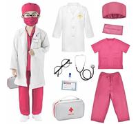 Znnhnn 9 Bata Medico Niño Set Disfraz Medico Niño Maletin Medicos Juguete Disfraces Accesorios para Carnaval Halloween Cosplay Fiesta Regalos para Niños Niñas de 5 a 6 Años (Rosa)
