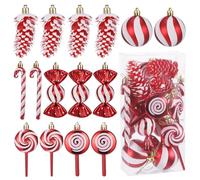 Zocipro 15Pcs Adornos Navideños, Adornos de Caramelos, Piruletas, Piñas y Bolas de Navidad, Adornos Rojos y Blancos para el Árbol de Navidad, Adornos Navideños Colgantes con Cuerdas