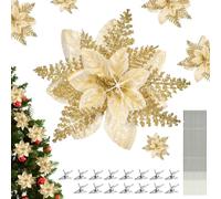 Zocipro 15pcs Flores de Pascua con Purpurina para árbol de Navidad, Flores Artificiales Doradas para Decoración Navideña con Tallos y Clips para Guirnaldas y Coronas