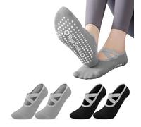 ZOCONE 2 Pares Calcetines Pilates Yoga Mujer Calcetines Antideslizantes Mujer con Correas Negro Gris Cortos Tobillero Yoga Socks para Fitness Pilates Ballet