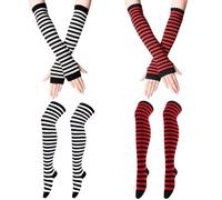 ZOCONE 4 pares de Calcetines Altos Rayas Mujer y Guantes Largos sin Dedos con Rayas, Calcetines Largos Hasta la Rodilla Calcetines Altos Rayas Calentadores para Brazos y Piernas (A, talla única)