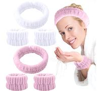 ZOCONE 6pcs Diademas Faciales Spa y Muñequeras, Diadema Maquillaje Suaves Bandas de Pelo para Maquillaje Cinta Pelo Mujer Muñequeras Skincare Elásticas Diadema Limpieza Facial (Blanco y Rosa)