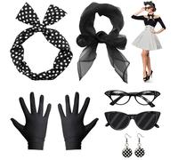 ZOCONE 8 piezas 50s Accesorios Mujer Retro, Años 50 Accesorios De Disfraces Accesorios de Vestir Retro de Los 50 Bufanda Lunares Gafas Pañuelo Negro Corbata Lunares Pendientes Guantes (Negro)
