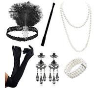 ZOCONE 8 piezas accesorios años 20 mujer, banda de plumas guantes largos collar con perlas accesorios Gatsby disfraz conjunto Charleston accesorio para Halloween Navidad años 20 fiesta accesorios