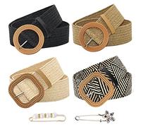 ZOCONE Cinturón Trenzado Mujer, 4 Piezas Cinturones Trenzados Mujer +2 Broches de Perlas, 96cm Cinturones de Cintura Paja Cinturones Tejidos de Paja para Vestidos Pantalones Camisas Faldas