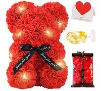 Zodight Oso de Peluche Rojo con Caja Regalo + Cadena de Luz + Tarjetas felicitacion, Rosa Artificial, para Madres/Novia/San Valentín/Cumpleaños/Bodas/Graduación/Aniversarios