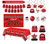 Zoegneer Juego completo de decoración para fiesta de graduación 2026 negro y rojo con diseño temático, material plástico resistente, kit completo para celebración memorable del último año y uso