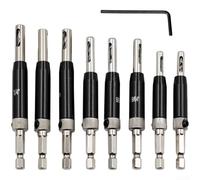 Zoegneer Juego de 8 brocas de bisagra negra con vástago hexagonal y llave para instalación precisa de bisagras de puerta y ventana, abridor de agujeros de carpintería de 2,2 mm a 7,3 mm