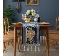 Zoegneer Mesa de jacquard azul con patrón floral bordado y múltiples borlas para comedor, mesa de café, armario, tocador, soporte de TV, boda, fiesta, decoración del hogar, 32 cm de ancho (32 x 160 cm