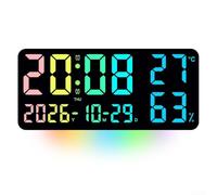 Zoegneer Reloj de pared LED RGB grande que cambia de color con pantalla de temperatura y humedad, calendario de alarma doble, fecha, semana, escritorio digital o decoración del hogar colgante, color