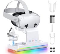 Zoelele Base de Carga Rápida para Meta Quest 3S, Estación para Casco, Mandos y Correa Elite, con Luces RGB y 2 Baterías Recargables, Cargador Magnético para Quest 3S VR Accesorios