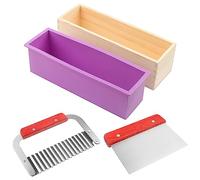 ZOENHOU Kit de 3 moldes de jabón de silicona, moldes de jabón de silicona de 42 onzas con caja de madera, molde rectangular para pan de jabón con cortador de jabón ondulado y recto de acero inoxidable