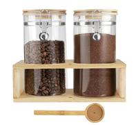 ZoeQide Bote Cafe 1 kg, 2 Tarros Vidrio Borosilicato con Soporte Madera | Tarro para cafe molido con junta silicona, cierre inox y cuchara, útil para grano, té o azúcar en encimera o rincón café