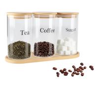 ZoeQide Juego de 3 Botes para Café, Azúcar y Té - Lata para Té, Bote Café y Azucarero Airtight de Vidrio con Tapa de Bambú - Organización de Cocina, Contenedores Herméticos para Mostrador
