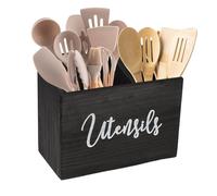 ZoeQide Porta Utensilios Cocina Madera Negra 2 Compartimentos Farmhouse | Organizador utensilios cocina con asas laterales y gancho trasero, para cucharas, espatulas o pinzas en pared o encimera