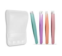 zoerbufan 4 Piezas Pinzas Profesionales de Acero Inoxidable para Cejas para Mujeres y Hombres, Pinzas para Depilación Encarnada con Funda de Cuero (4 Color)