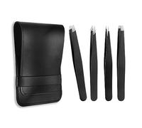 zoerbufan 4 Piezas Pinzas Profesionales de Acero Inoxidable para Cejas para Mujeres y Hombres, Pinzas para Depilación Encarnada con Funda de Cuero (Negro)