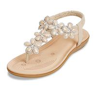 ZOEREA Mujer Sandalias Planas Verano Bohemia Estilo Rhinestone Flor Tobillo Correa Elástica Casuales de Playa Elegantes Chanclas Damas Zapatos Beige, 44 EU