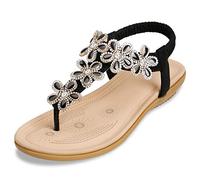 ZOEREA Mujer Sandalias Planas Verano Bohemia Estilo Rhinestone Flor Tobillo Correa Elástica Casuales de Playa Elegantes Chanclas Damas Zapatos Negro, 38 EU