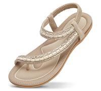 ZOEREA Mujeres Sandalias Planas Verano Elegante Bohemia Rhinestone Playa Chanclas Correa Elástica Punta Abierta Casuales Damas Zapatos Estilo C Beige, 42 EU