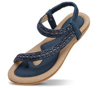 ZOEREA Mujeres Sandalias Planas Verano Elegante Bohemia Rhinestone Playa Chanclas Correa Elástica Punta Abierta Casuales Damas Zapatos Estilo C Azul Oscuro, 36 EU