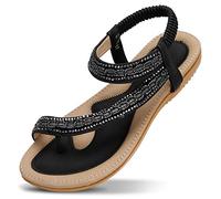 ZOEREA Mujeres Sandalias Planas Verano Elegante Bohemia Rhinestone Playa Chanclas Correa Elástica Punta Abierta Casuales Damas Zapatos Estilo C Negro, 38 EU