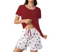 ZOEREA Pijama Mujer Verano Pijama Mujer Algodon Conjunto Pantalon Corto Manga Corta Ropa Casual Ligera Corta Pijamas Suave y Cómodo Conjunto de Dos Ciezas Rojo S-XXL