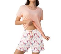 ZOEREA Pijama Mujer Verano Pijama Mujer Algodon Conjunto Pantalon Corto Manga Corta Ropa Casual Ligera Corta Pijamas Suave y Cómodo Conjunto de Dos Ciezas Rosa S-XXL