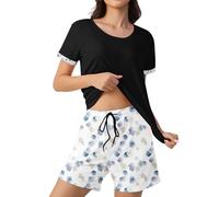 ZOEREA Pijama Mujer Verano Pijama Mujer Algodon Conjunto Pantalon Corto Manga Corta Ropa Casual Ligera Corta Pijamas Suave y Cómodo Conjunto de Dos Ciezas Negro S-XXL
