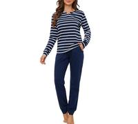 ZOEREA Pijamas Mujer Invierno de Algodón Conjunto de Pijama Manga Larga Ropa de Dormir para Mujer 2 Piezas con Bolsillo Suave para el Hogar Azul Marino, XL