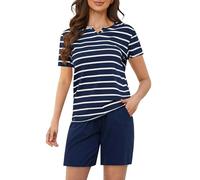 ZOEREA Pijamas Mujer Verano de Algodón Conjunto de Pijama Manga Corta Ropa de Dormir para Mujer 2 Piezas con Bolsillo Suave para el Hogar Azul Marino, M