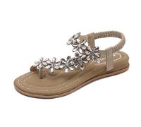 ZOEREA Sandalias de Mujeres Planas Verano Bohemia Moda Rhinestone Flor Damas Zapatos Correa Elástica Punta Abierta Casuales de Playa Chanclas Estilo 1 Beige, 36 EU