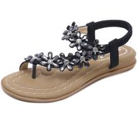ZOEREA Sandalias de Mujeres Planas Verano Bohemia Moda Rhinestone Flor Damas Zapatos Correa Elástica Punta Abierta Casuales de Playa Chanclas Estilo 1 Negro, 36 EU