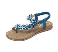 ZOEREA Sandalias de Mujeres Planas Verano Bohemia Moda Rhinestone Flor Damas Zapatos Correa Elástica Punta Abierta Casuales de Playa Chanclas Estilo 1 Azul, 39 EU