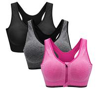 ZOEREA Sujetador Cierre Delantero Deportivo para Mujer Gimnasio Ropa con Almohadillas Extraíbles para Correr Sin Costuras Yoga Fitness Negro + Gris + Rosa,XL