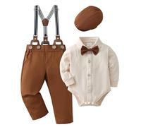 ZOEREA Trajes de Bebé Niño Conjunto de Ropa Peleles Monos con Pajarita + Tirantes Pantalones Bebé Niños Caballero Conjunto para Bautizo Fiesta Boda Beige,3-6 meses