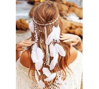 Zoestar Diadema de plumas bohemias con perlas blancas, diademas tribales, tocado hippie, disfraz de festival, accesorios para el cabello para mujer
