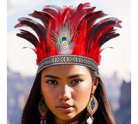 Zoestar Diadema de plumas de pavo real, tocado de plumas indias, tocado decorativo, disfraz de festival, accesorios para el cabello para mujer (rojo, talla única)