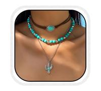 Zoestar Gargantilla bohemia turquesa con colgante de cactus en capas plateadas, collar de playa con cuentas para mujer, talla única, /, No es una piedra preciosa
